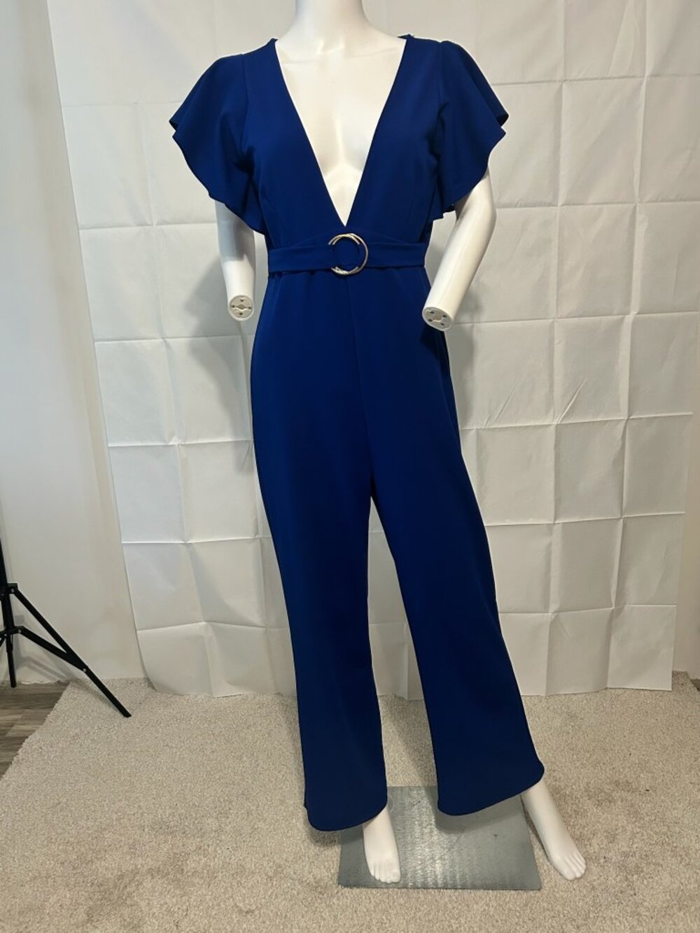 Royal Blue Wide Leg Jumpsuit Flutter Sleeve Belted Size Small